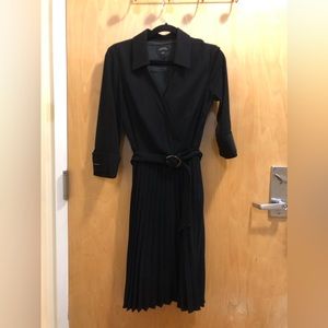 Tahari Collared Black Long Sleeve Pleated Midi Dress